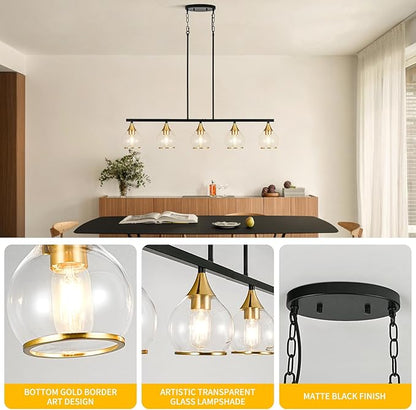 Island Light for Kitchen, 5-Light Black Kitchen Island Linear Hanging Pendant Chandeliers, Black and Gold Dining Room Light Fixture Over Table with Clear Round Glass Shades