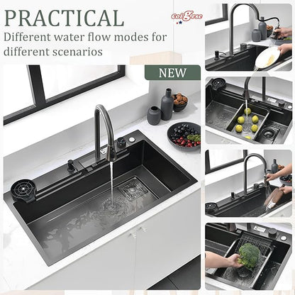 Black Kitchen Sink, 32 Inch Nano Stainless Steel Waterfall, Countertop Workstation Single Sink Set & Accessories, for Countertop, Kitchen, Bar (BLACK, 32IN)