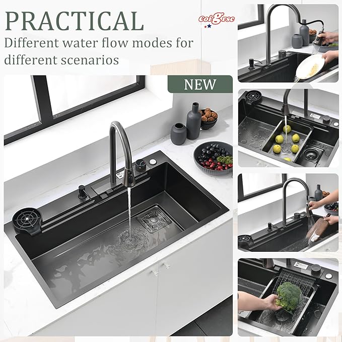 Black Kitchen Sink, 33 Inch Nano Stainless Steel Waterfall, Countertop Workstation Single Sink Set & Accessories, for Countertop, Kitchen, Bar (33 x 18 IN, BLACK)