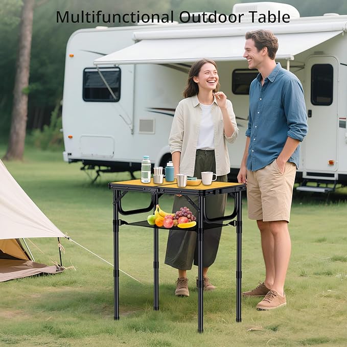 Anbte 2ft Camping Table Foldable with Storage Net, 3 Adjustable Heights Aluminum Small Folding Table Lightweight, Portable Handle for Travel Outdoor Beach Camping Picnic, 23.2" x 16", Light Oak Grain