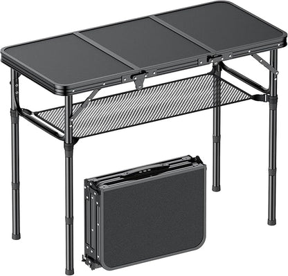 Folding Camping Table, 3 FT Folding Portable Camping Table, Outdoor&Indoor Picnic Table with 3 Adjustable Height Max 27.1",Lightweight Aluminum Camping Tables, Car Camping Essentials-Pure Black