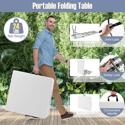 Goplus 6ft Plastic Folding Table, 350 LBS Outdoor Heavy Duty Folding Tables with HDPE Tabletop, Handle, Lock, Foldable Rectangle Portable Utility Card Table for Picnic, Party, Camping, Dining