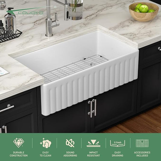 36 Inch White Farmhouse Sink Fireclay Apron Front Single Bowl Farm Sink Heavy Duty Large Deep Farm House Style Drop In Undermount Glossy WhiteSinks Basin for Kitchen 36" x 20" x 10"