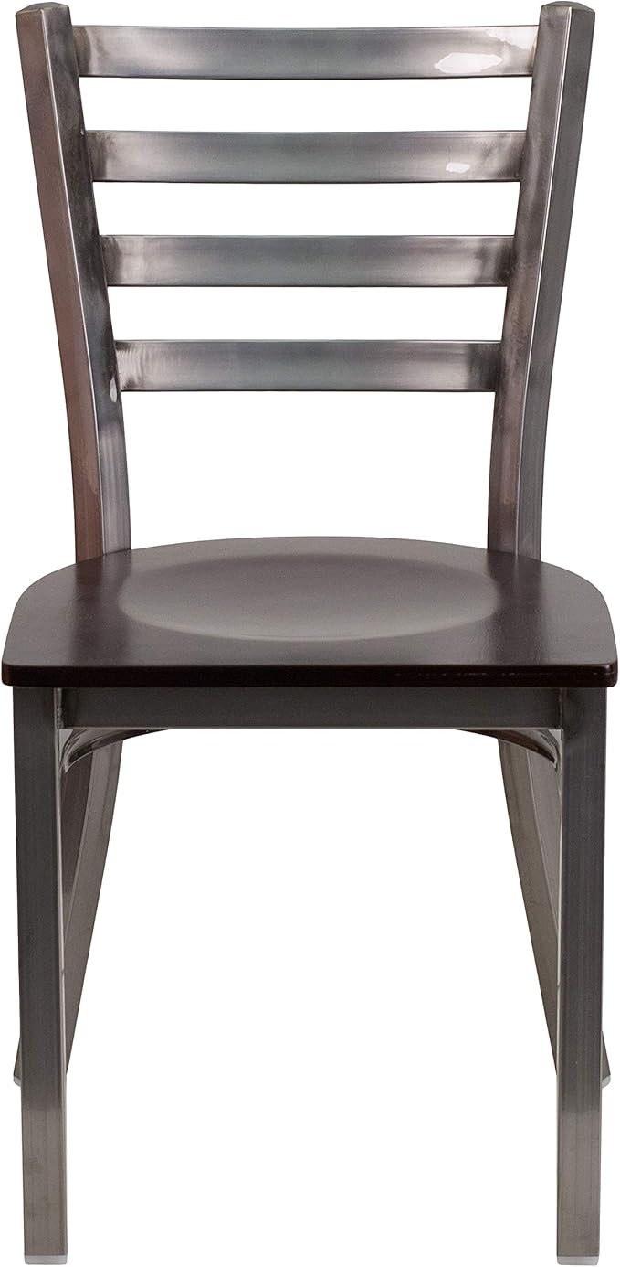 Flash Furniture 2 Pack HERCULES Series Clear Coated Ladder Back Metal Restaurant Chair - Walnut Wood Seat