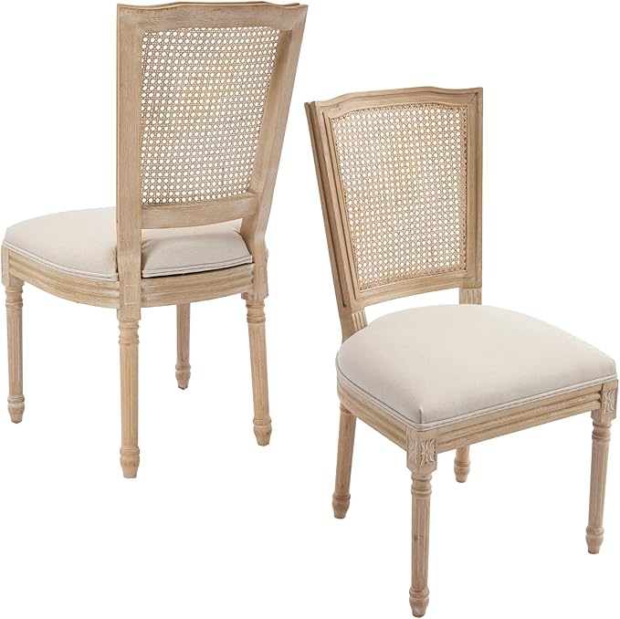 Farmhouse Vintage Dining Chairs Set of 2, Linen Fabric Dining Chairs with Square Rattan Backrest, Kitchen & Dining Room Chairs for Restaurant/Living Room (Beige-Rattan, Set of 2)