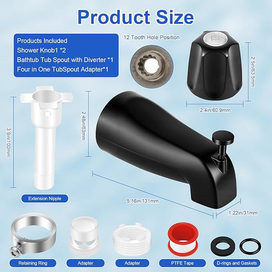 2 Piece Bathtub Shower Knob Replacement, with Diverter Bath Tub Spout Kit, Hot and Cold Faucet Knobs Compatible with Price Pfister Verve Tub Shower (Matte Black)