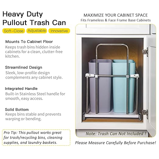 Pull Out Trash Can Rack for Cabinet Kitchen, Adjustable Soft-Close Heavy Duty Steel Frame, Narrow Garbage Bin Holder with Solid Bottom Base Under Counter, 11" W, No Bin