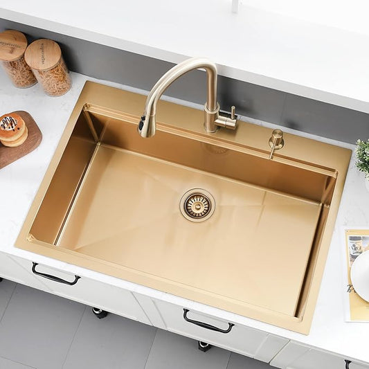 33x22 Drop in Kitchen Sink Gold - 16 Gauge Stainless Steel Single Bowl Workstation Sink with Accessories, 10 Inch Deep Topmount