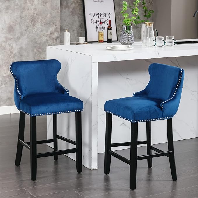 Rhomtree Elegant Button Tufted Upholstered Fabric Bar Stools with Nailhead Trim, Dining Side Chair, Leisure Padded Chairs with Solid Wooden Legs Home Kitchen Island Wooden Bar Chairs (Blue, Set of 6)