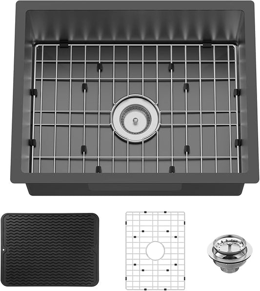Black 23x18 Inch Undermount Kitchen Sink-Stainless Steel Single Bowl Drop In Kitchen Sink Stylish And Modern Look With Bottom Grid,Silicon Mat And Drain Assembly Add Elegance & Enhance Usability