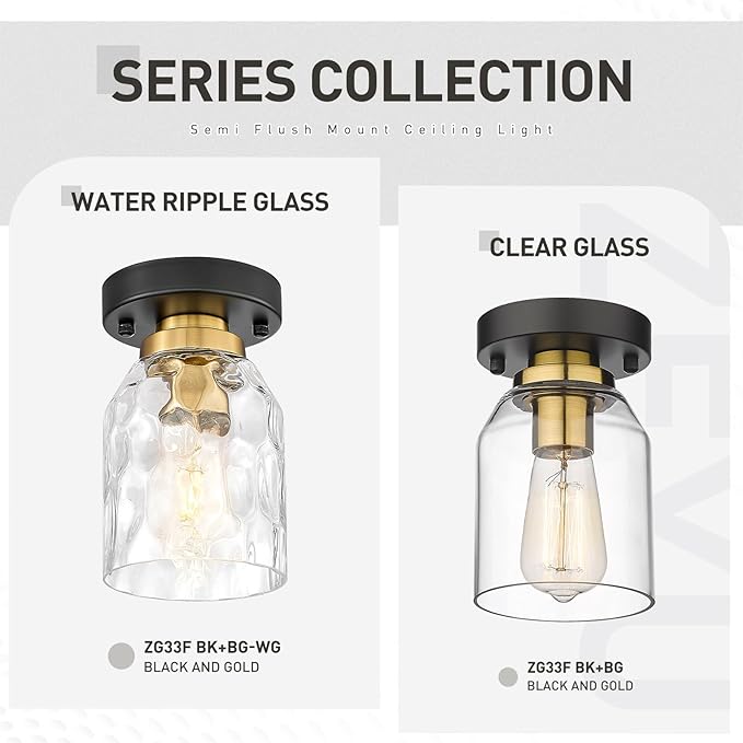 zeyu Modern Ceiling Light Set of 2, 1-Light Semi Flush Mount Ceiling Lighting Fixture for Bedroom Hallway, Water Ripple Glass Shade, Black and Gold Finish, ZG33F-2 BK+BG-WG