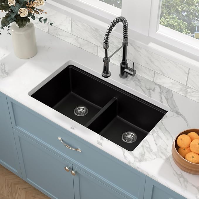 Sarlai 33 Granite Composite Kitchen Sink Double Bowl - 33"x19" Black Granite Kitchen Sink Ledge Workstation Undermount Double Bowl 50/50 Low Divide Quartz Classic Matte Black Under Counter Basin