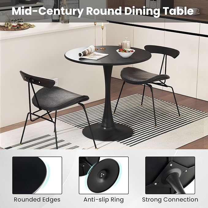 Byroce White Round Dining Table, Glossy Tulip Kitchen Table for 2-4, 32 Inch Coffee Side Table w/Sturdy Metal Pedestal Base, Modern Leisure Table for Small Space, Living Room, Office & Patio (Black)