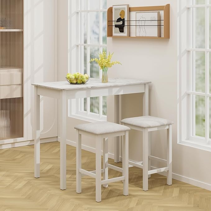 COSTWAY 3-Piece Dining Table Set, Counter-Height Bar Table with 2 Upholstered Bar Stools, Rubber Wood Legs, Anti-Slip Foot Pads, Modern Furniture Set for Dining Room, Kitchen, White+Grey
