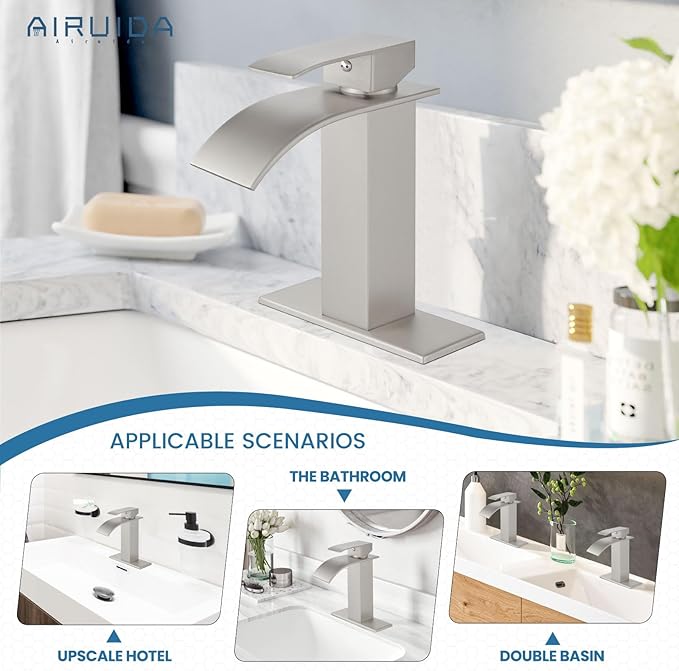 Airuida Waterfall Bathroom Faucet Brushed Nickel Single Handle Single Hole Bathroom Sink Faucet 1 or 3 Hole Basin Mixer Tap, Rv Lavatory Vanity Faucet with Deck Plate and Supply Lines