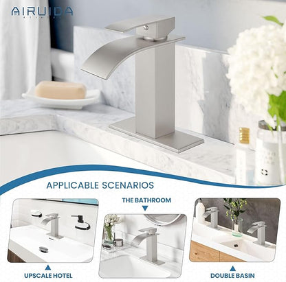 Airuida Waterfall Bathroom Faucet Brushed Nickel Single Handle Single Hole Bathroom Sink Faucet 1 or 3 Hole Basin Mixer Tap, Rv Lavatory Vanity Faucet with Deck Plate and Supply Lines