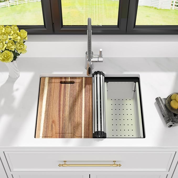 Kichae 25 Undermount Kitchen Sink - 25"x19" Kitchen Sink Ledge Workstation Stainless Steel Single Bowl Under Counter All In One Deep Basin Round Corner