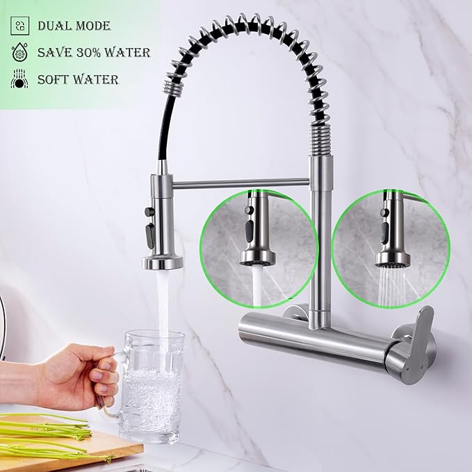Wall Mount Faucet 8 Inches Center, with Pull Down Sprayer, High Arc Single Handle Spring Kitchen Sink Faucets, Grifos De Cocina, Brushed Nickel