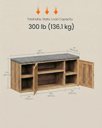 SONGMICS Home Shoe Storage Bench, Superfast Toolless Assembly, Shoe Rack Cabinet with Door & Adjustable Shelf for Entryway/Living Room, 14 x 40.2 x 17.3 Inches, Honey Brown and Slate Gray