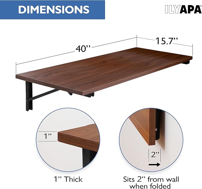 Ilyapa Wall Mounted Folding Table - 16x40 Wood Floating Desk for Wall, Laundry Folding Table - 1.5 inch Fold Down Wall Desk for Small Spaces - Mahogany