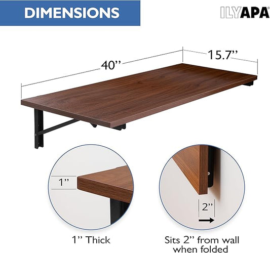 Ilyapa Wall Mounted Folding Table - 16x40 Wood Floating Desk for Wall, Laundry Folding Table - 1.5 inch Fold Down Wall Desk for Small Spaces - Mahogany