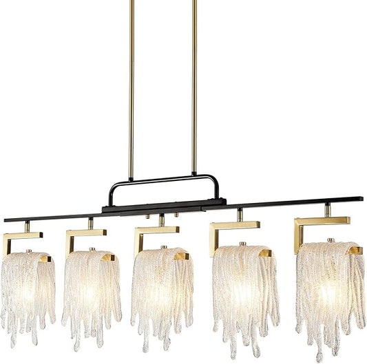 Dining Room Light Fixture/Chandelier Over Table, Modern 5-Light Black and Gold Pendant Lights Kitchen Island, Farmhouse Ceiling Pendant Light Fixtures, Hanging Linear Chandeliers, with Glass Shade