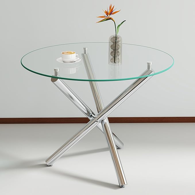 Pvillez 36“ Round Dining Table for 4, Contemporary Tempered Glass Dining Table, Small Dinner Table with Silver Cross Metal Base, Round Clear Kitchen Table Writing Desk for Dining Kitchen
