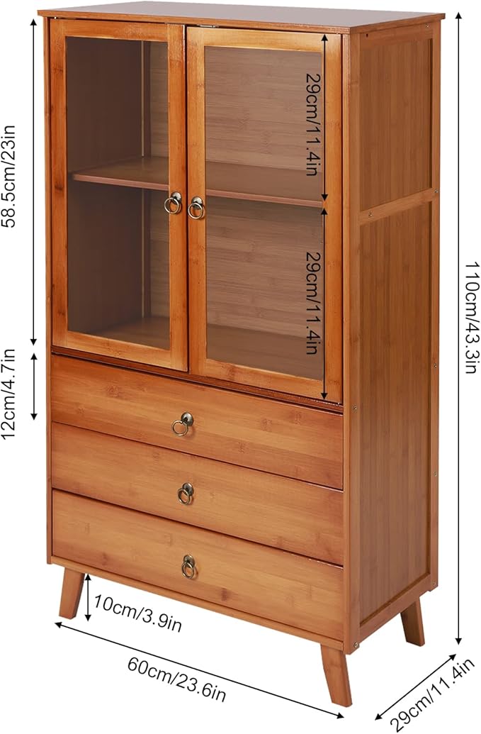 Gdrasuya10 Bamboo Buffet Sideboard Kitchen Pantry Storage Cabinet, 43inch Pantry Sideboard Cabinet with 3 Drawers Kitchen Cupboard Buffet Server Coffee Bar Storage Cabinét for Dinning Room