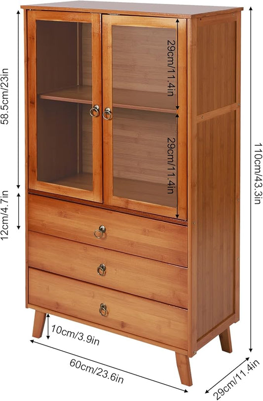 Gdrasuya10 Bamboo Buffet Sideboard Kitchen Pantry Storage Cabinet, 43inch Pantry Sideboard Cabinet with 3 Drawers Kitchen Cupboard Buffet Server Coffee Bar Storage Cabinét for Dinning Room