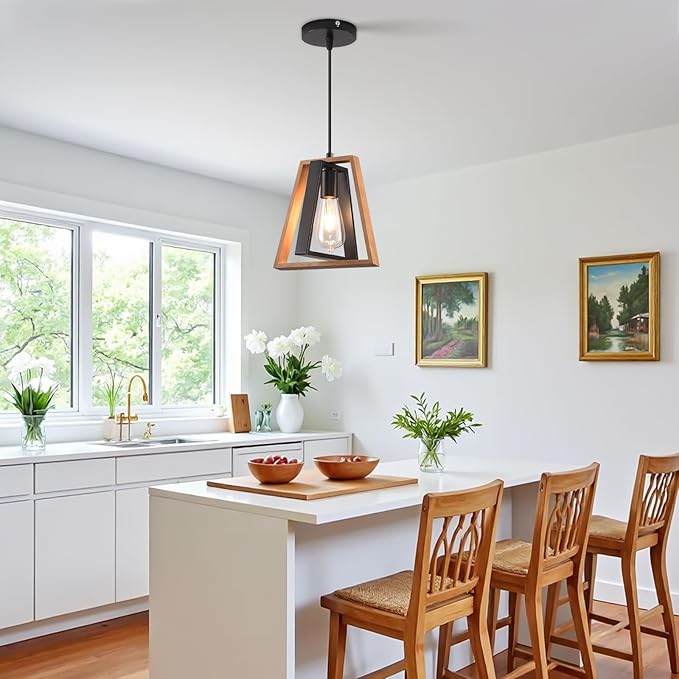 Kitchen Island Pendant Lights, Black Industrial Metal and Vintage Wood Hanging Light, Mini Farmhouse Chandelier, Adjustable Height Rustic Ceiling Lamp for Entryway, Dining Room, Foyer
