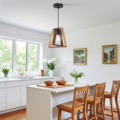 Kitchen Island Pendant Lights, Black Industrial Metal and Vintage Wood Hanging Light, Mini Farmhouse Chandelier, Adjustable Height Rustic Ceiling Lamp for Entryway, Dining Room, Foyer