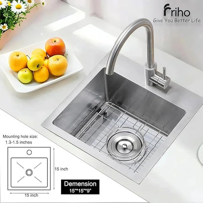 Friho 15x15 Inch Drop in Bar Sink, Top mount Small Kitchen Sink, 16 Gauge Handmade T-304 Stainless Steel Square Single Bowl Sink for RV Wet Bar Prep RV Outdoor with Accessories