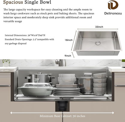 32 Inch Undermount Kitchen Sink - Delironexu 16 Gauge Stainless Steel Kitchen sink Single Bowl, 32''x18'' Undermount Sink with Brushed Finish, Includes 4 Accessories