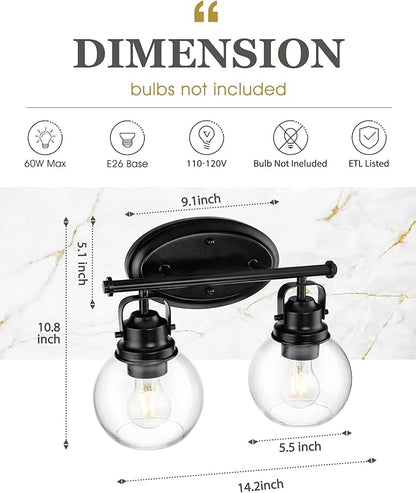 Black Bathroom Light Fixtures, 2-Light 14" Vanity Lights with Clear Globe Glass Shades, Farmhouse Vintage Vanity Lighting Fixtures Over Mirror, E26 Base, AD-2147-2W-BK