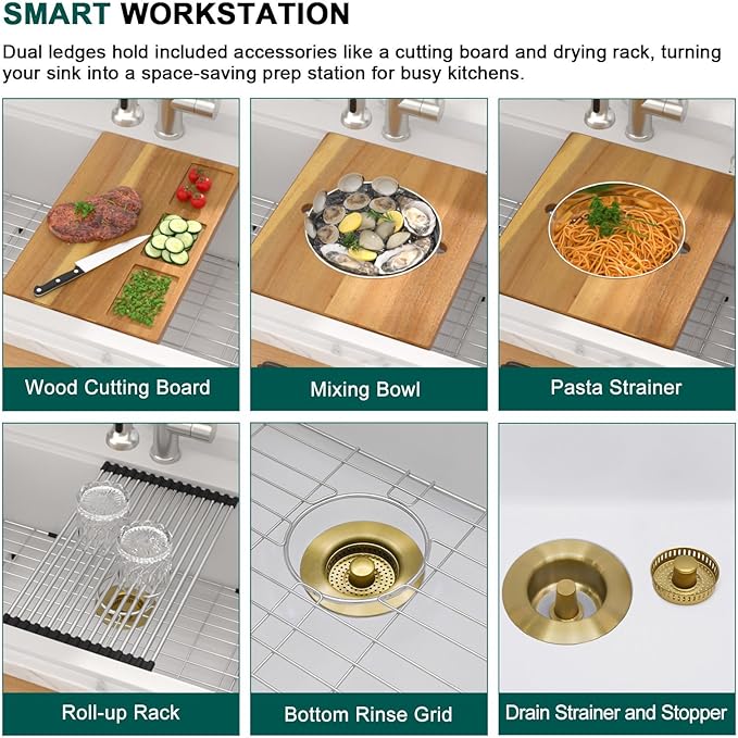 30x22 White Drop In Kitchen Sink - Granite Composite Single Bowl Classic Quartz-Based Workstation All-In One Sink with Mixing Bowl, Pasta Strainer, Two-Holes Configuration #TLGT-115