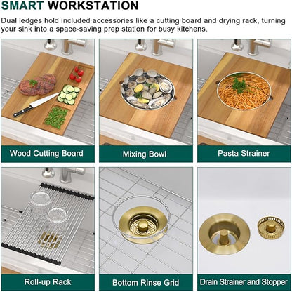 30x22 White Drop In Kitchen Sink - Granite Composite Single Bowl Classic Quartz-Based Workstation All-In One Sink with Mixing Bowl, Pasta Strainer, Two-Holes Configuration #TLGT-115