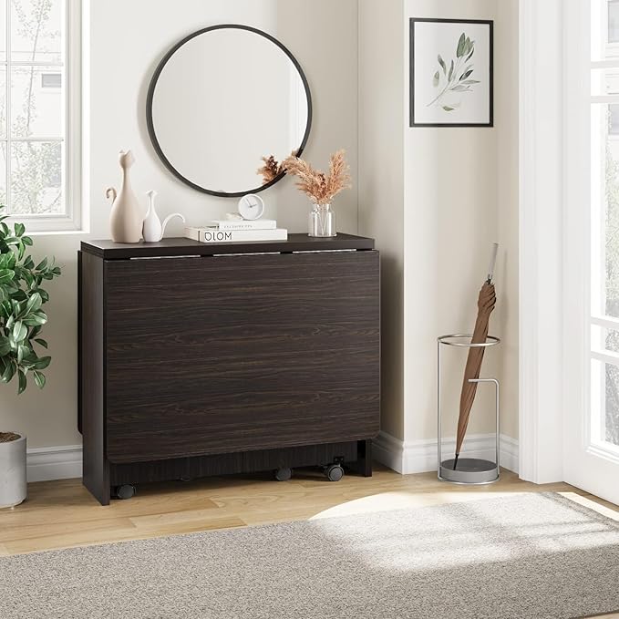 IDEALHOUSE FoldingTable, Drop Leaf Dining Table with 6 Wheels and 2-Layer Storage Shelf, Space Saving Table for Small Spaces (Dark Walnut, 50.1" D x 31.4" W x 29.5" H)