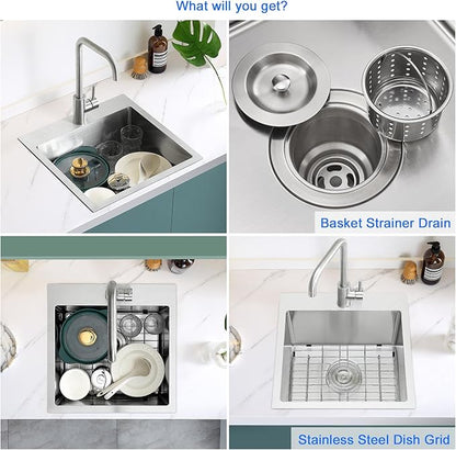 MENATT 18x18 Inch Drop in Kitchen Sink, 304 Stainless Steel Single Bowl Small Sink with X-Shape Drain Groove & Bottom Grid Mat, 9” Deep Bar Sink for Compact Kitchen, Wet Bar, RV, Apartment