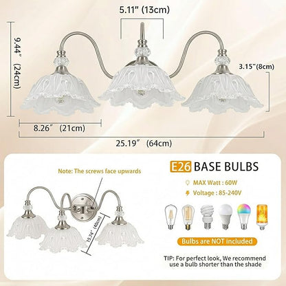 Brushed Nickel 3-Light Bathroom Vanity Light with Floral White Glass Shades, Brushed Nickel Wall Mount Lighting for Bathroom, Dressing Table
