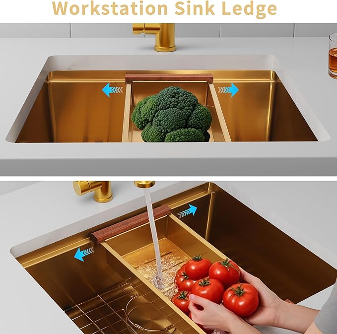 30 Inch Undermount Gold Kitchen Sink,16 Gauge Stainless Steel Kitchen Sink Single Bowl, 30"x19"x9" Ledge Workstation Sinks With All Accessories, Multi-Functional Workstation Sinks
