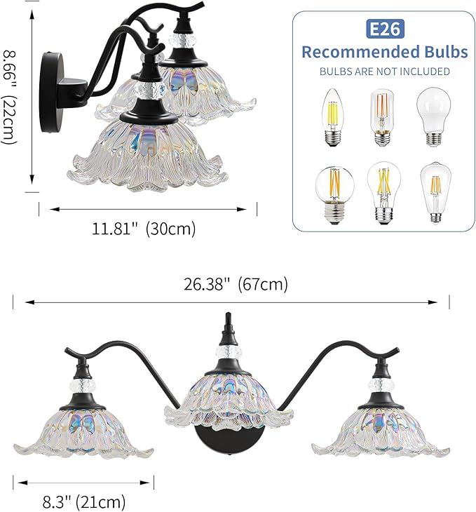 Vintage Bathroom Vanity Light Fixtures - 3 Light Iridescent Flower Glass Antique Matte Black Bathroom Lights Fixture Over Mirror,Retro High End Wall Mounted Vanity Lighting for Bath Powder Room
