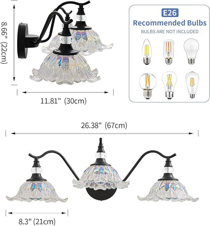Vintage Bathroom Vanity Light Fixtures - 3 Light Iridescent Flower Glass Antique Matte Black Bathroom Lights Fixture Over Mirror,Retro High End Wall Mounted Vanity Lighting for Bath Powder Room