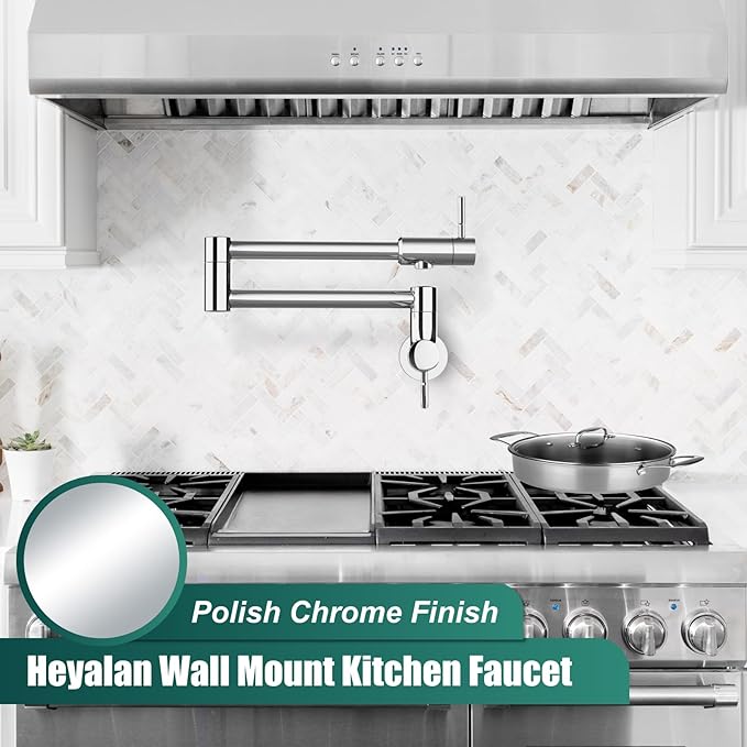 Heyalan Pot Filler 19 Inch Wall Mount Folding Stretchable Kitchen Restaurant Faucet Stainless Steel Pot Filler Double Joint Swing Arm Two Handles Commercial NPT,Straight Handle,Polish Chrome