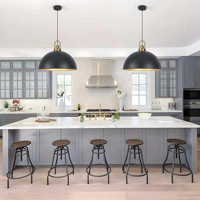 Matte Black Dome Pendant Light 19.68" Large Farmhouse Chandelier Adjustable Metal Hanging Lighting Fixture for Kitchen Island Bedroom Dining Room and Restaurant