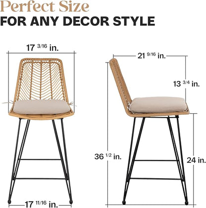 IDZO 400lbs Capacity Rattan Outdoor Counter Stools, 24" Tall, Set of 2, Comfort Cushion, Solid Steel Frame, Easy Assembly, Use for Outdoor & Indoor, Ideal for Patio & Kitchen Island