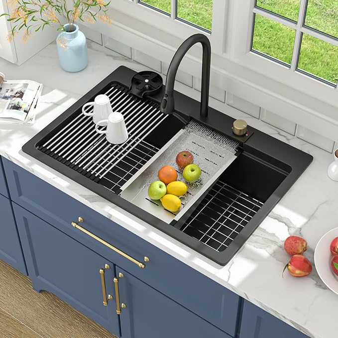 Lordear Granite Composite Kitchen Sink With Waterfall Faucet 33x22 Inch Drop In Kitchen Sinks Black Quartz Single Bowl Multifunctional Workstation Topmount Sink