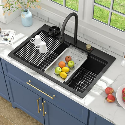 Lordear Granite Composite Kitchen Sink With Waterfall Faucet 33x22 Inch Drop In Kitchen Sinks Black Quartz Single Bowl Multifunctional Workstation Topmount Sink
