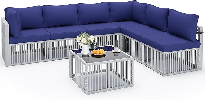 Pamapic 7-Piece Outdoor Sectional Set, Large Wicker Patio Furniture Set with Coffee Table and Washable Cushions Covers, All-Weather Patio Sofa Conversation Set for Backyard, Poolside, Garden