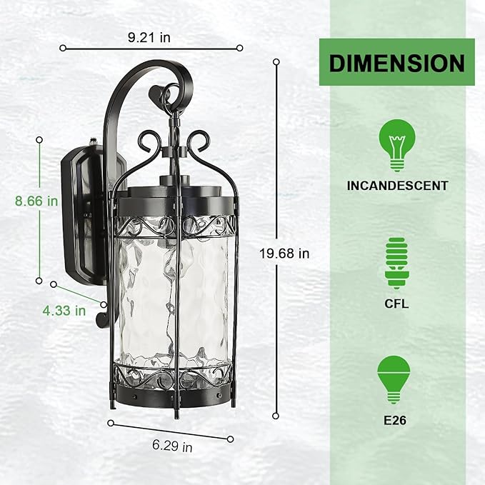 NLIEOPDA Large Dusk to Dawn Sensor Outdoor Wall Sconce,19.68" H Vintage Exterior Light Fixture with IP65 Waterproof,Classical European Style Porch Light with Water Glass for Front Door Balcony Porch