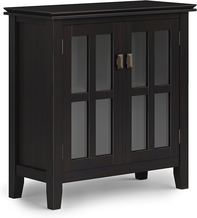SIMPLIHOME Artisan Storage Cabinet - 30 inch Wide Solid Wood Low Storage Cabinet in Hickory Brown, Contemporary Accent Cabinet for Living Room or Dining Room with Glass Doors and Adjustable Shelves